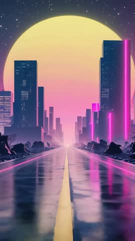 Vertical video: Neon highway leading into glowing cyberpunk skyline under giant moon