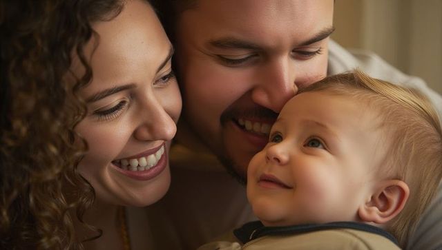 Smiling parents cuddling newborn, gazing at baby with tender smiles, warm cozy family moment