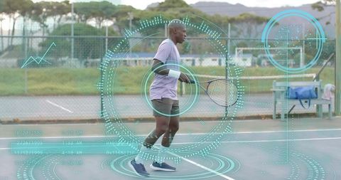 Tennis swing analytics hud for athlete training on outdoor court with motion tracking