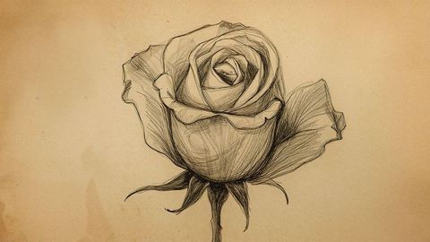 Vintage rose drawing sketch on aged parchment with intricate detail