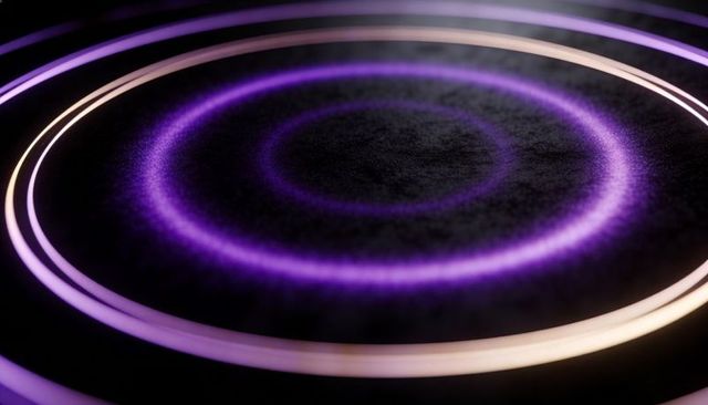 Glowing neon concentric rings hovering above textured dark plane with misty halo