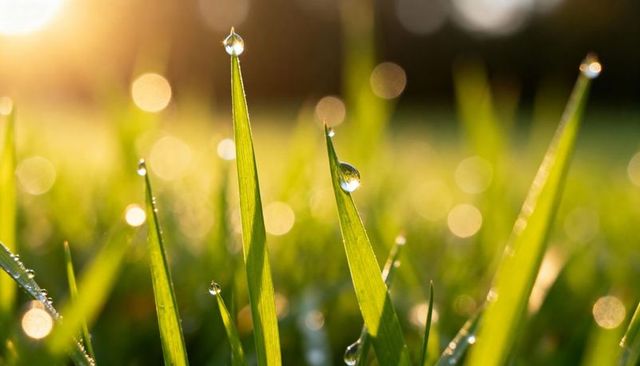 Dew-kissed grass blades catching golden morning light with bokeh, macro nature close-up