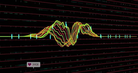 Colorful Digital Waveform with Analytical Overlay and Red Grid Lines