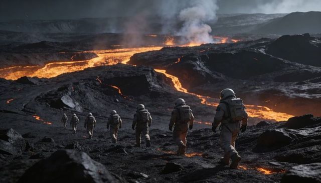 Volcanic expedition team traversing lava field and fissures in rugged basalt terrain