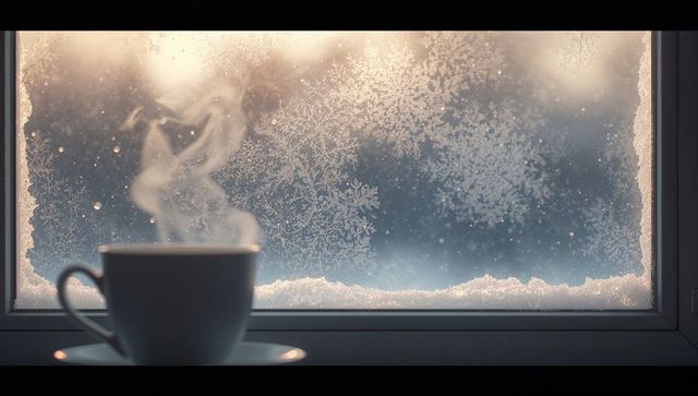 Steaming Cup on Frosted Window with Snowflake Crystals and Winter Bokeh