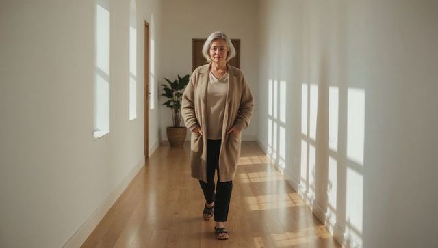 Senior woman walking in sunlit minimalist hallway wearing beige cardigan