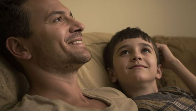Father and Son Reclining on Sofa Sharing Warm Smiles and Quiet Bonding Moment at Home