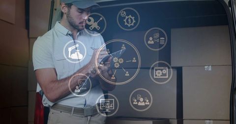 Courier scanning inventory in cargo van showing logistics icons and workflow analytics