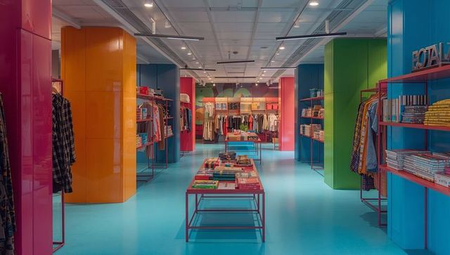 Vibrant boutique interior featuring turquoise floor, colorful pillars and minimalist metal display t