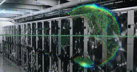 Digital Network Globe Superimposed on Data Center Servers
