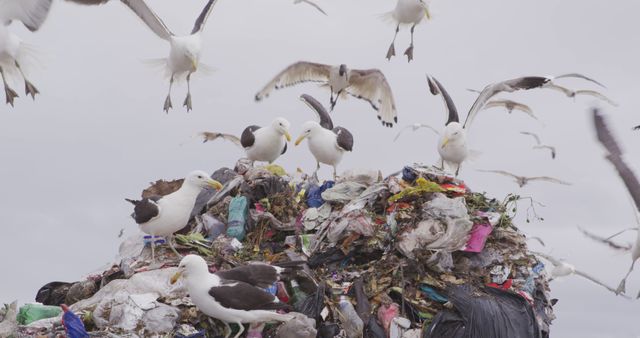 General view of landfill with piles of litter and seagulls. Landfill, waste, pollution and environment.
