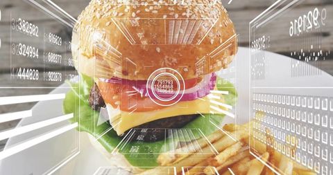 Augmented reality cheeseburger hud holographic interface and fries closeup for food tech