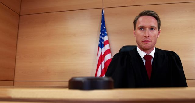 A Caucasian male judge in a courtroom setting, with copy space. His serious expression and the American flag in the background underscore the gravity of judicial proceedings.