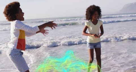 Joyful Kids Playing by Ocean Waves on Vibrant Summer Day