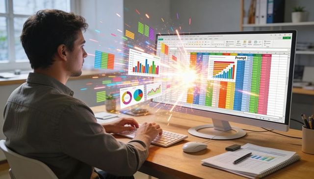 Analyst analyzing spreadsheet and creating dynamic data visualizations on large monitor