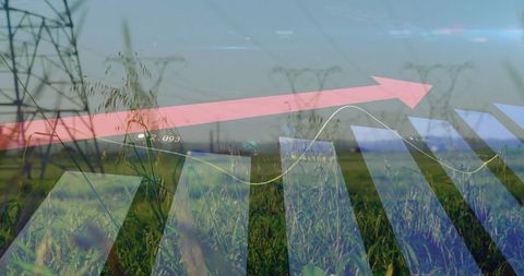 Translucent financial charts overlaying green meadow with power pylons and rising arrow