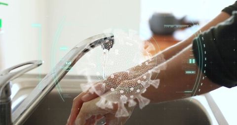 Washing hands for hygiene with digital virus overlay