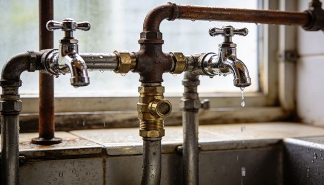 Dripping chrome taps with brass t-joint and rusted plumbing over industrial sink
