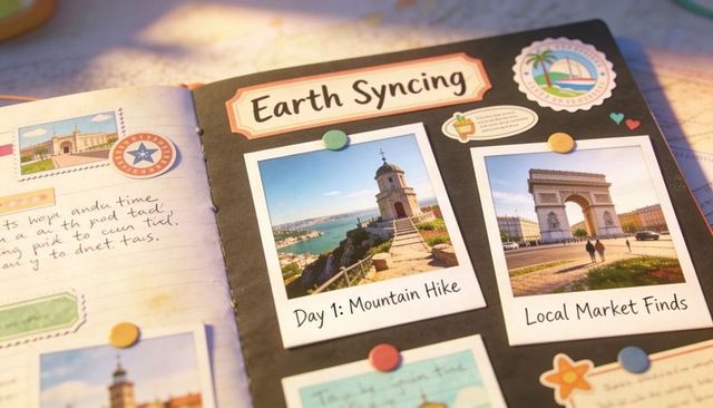 Earth syncing travel journal with polaroid keepsakes and handwritten travel notes