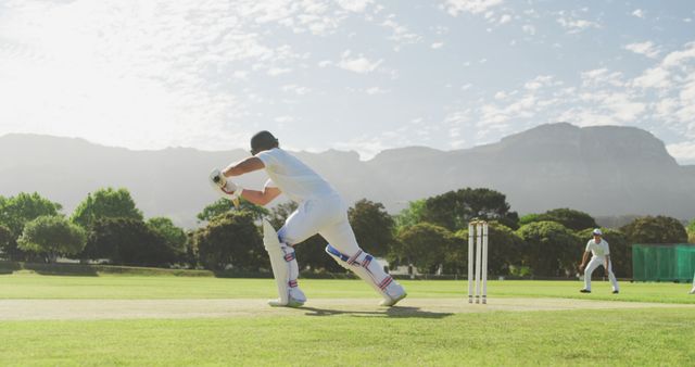 Cricket Player Batting in Beautiful Green Field with Mountainous Backdrop - Download Free Stock Images Pikwizard.com