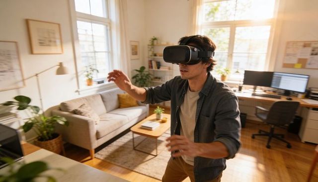 Young man exploring virtual reality in sunlit home office while reaching forward