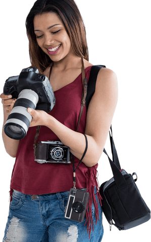 transparent image of smiling woman holding digital camera - Download Free Stock Videos Pikwizard.com