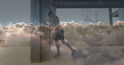 Woman Stretching with Cloud Overlay Conceptual