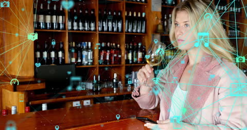 Caucasian Woman in Wine Bar with Connected Technology Animation