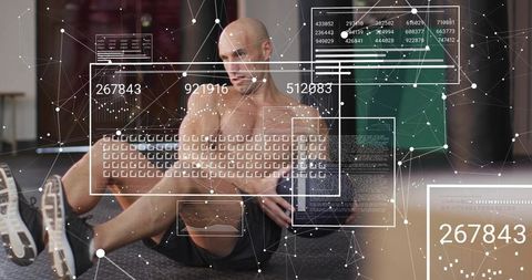 Shirtless man performing russian twist targeting core with medicine ball and ar overlays