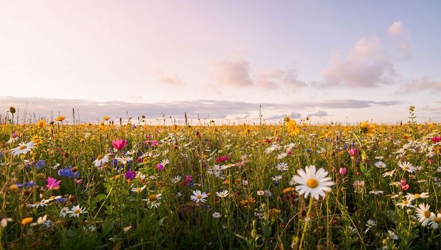 Sunlit wildflower meadow blooming at sunset with daisies and colorful blossoms