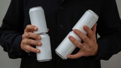 Person holding four blank white aluminum cans