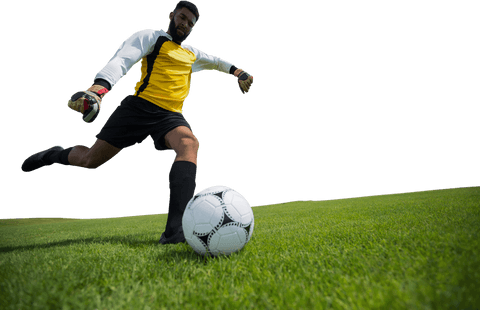 Hispanic footballer in dynamic kick pose on transparent background