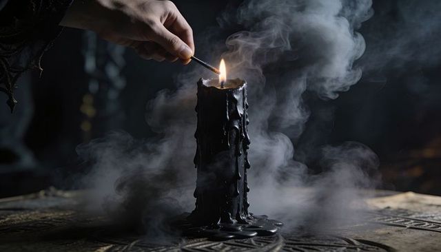 Gothic ornate-sleeved hand striking match to melting black candle on carved altar