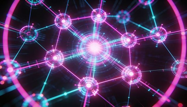 Neon network core radiating light: futuristic magenta and cyan hub connecting ai nodes