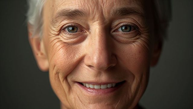Smiling senior woman showing upper teeth closeup hazel eyes wrinkles gray hair