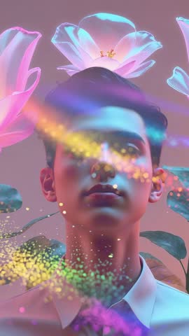 Blooming Flower Sending Iridescent Particles Across Young Man Face Vertical Futuristic Video
