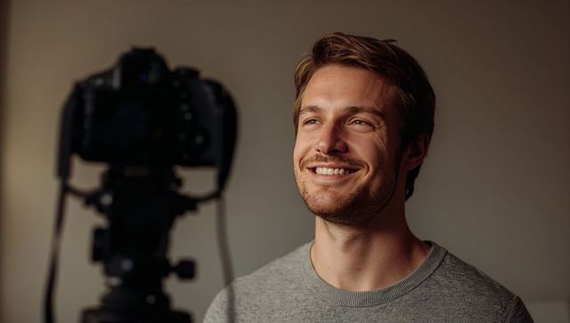Smiling content creator recording vlog with DSLR in home studio, relaxed casual portrait