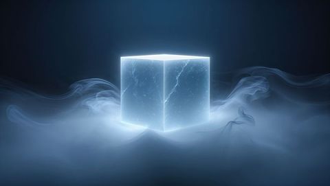 Mysterious glowing cube in foggy futuristic setting
