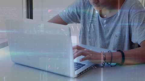 Person Analyzing Data with Laptop and Digital Overlay