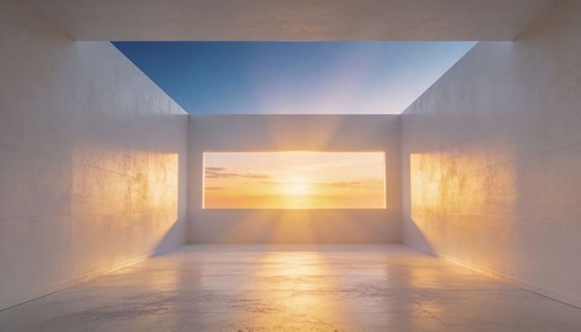 Framing sunlit horizon through minimalist concrete gallery with skylight and golden rays