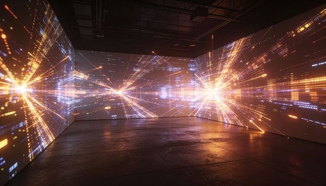 Immersive neon data burst projecting across three walls in industrial gallery interior