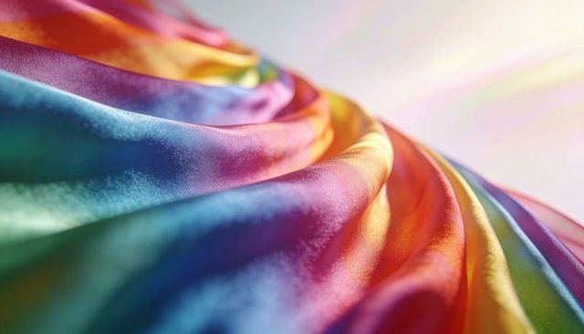 Draping rainbow satin fabric shimmering with iridescent gradient and lens flare