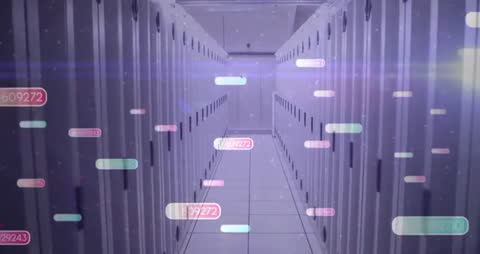 Data Animation Over Rows of Server Racks in Modern Data Center
