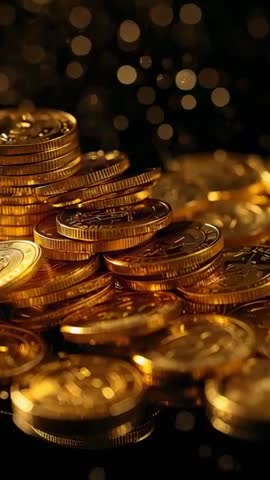 Vertical macro video focusing on shimmering gold coins stacking with bokeh highlights