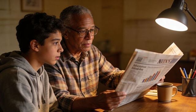 Grandfather and teen reading newspaper under warm lamp sharing quiet generational moment