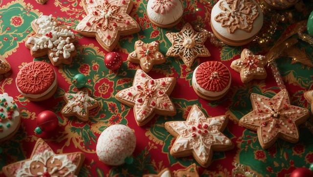Festive holiday cookies and baubles on holiday tablecloth