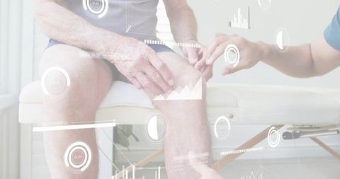 Clinician assessing senior knee with hud overlays for physiotherapy and rehabilitation