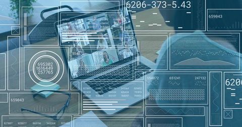 Businesswoman tapping laptop, joining virtual meeting, updating hud dashboards and analytics