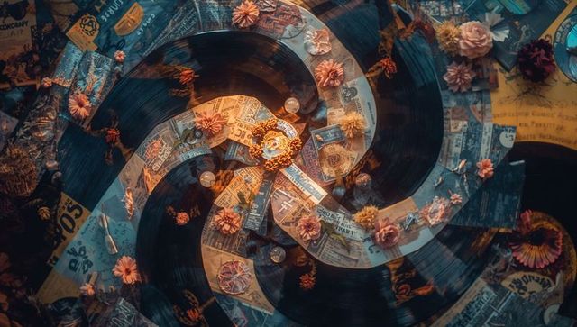 Forming spiral vinyl collage with vintage ephemera, dried flowers and nostalgic texture