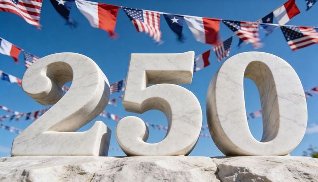 Marble 250 monument standing on stone plinth with american bunting celebrating patriotism